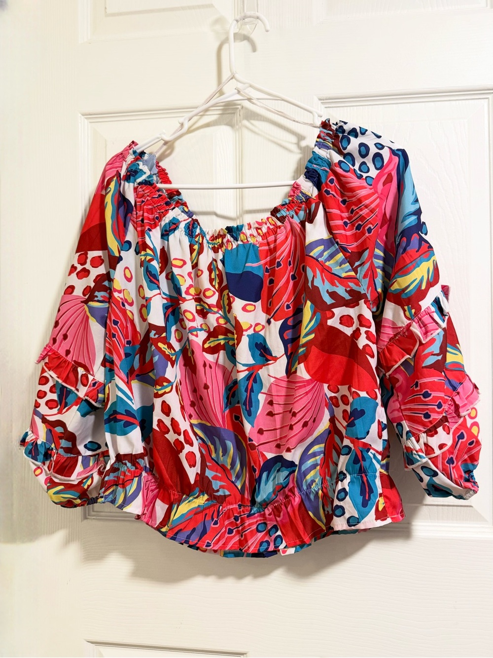 Rachel Zoe Off Shoulder Floral Tropical Top Large Tiered Ruffle Sleeve Blouse